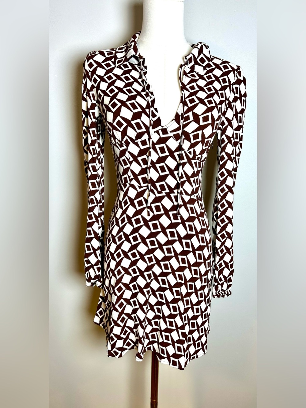 Reformation Brown and cream Geometric Long Sleeve mini Dress size 2